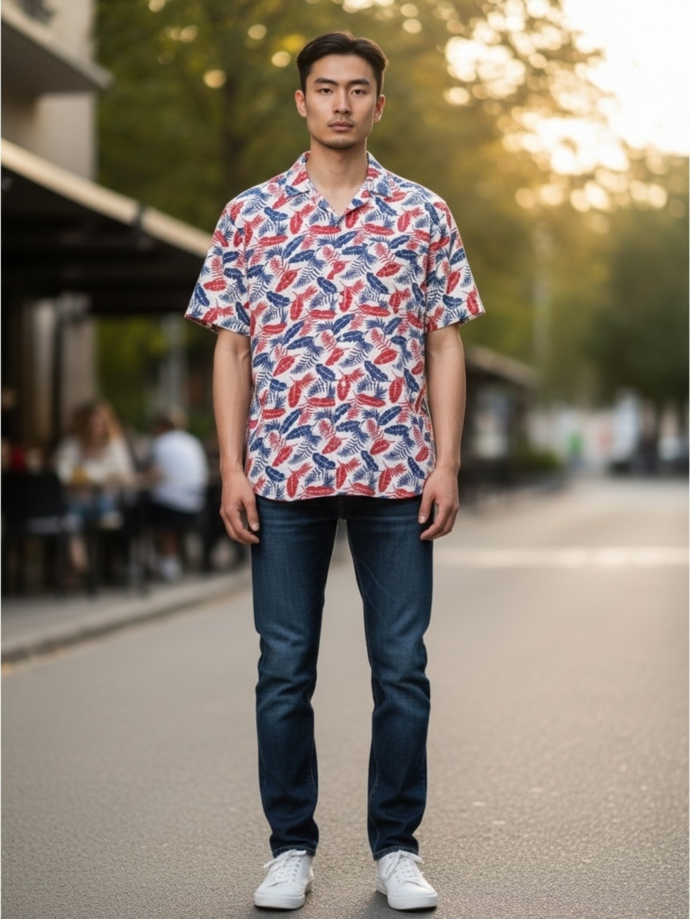 Sonoma Large White Cotton Polo Shirt with Red and Blue Leaf Print (L)